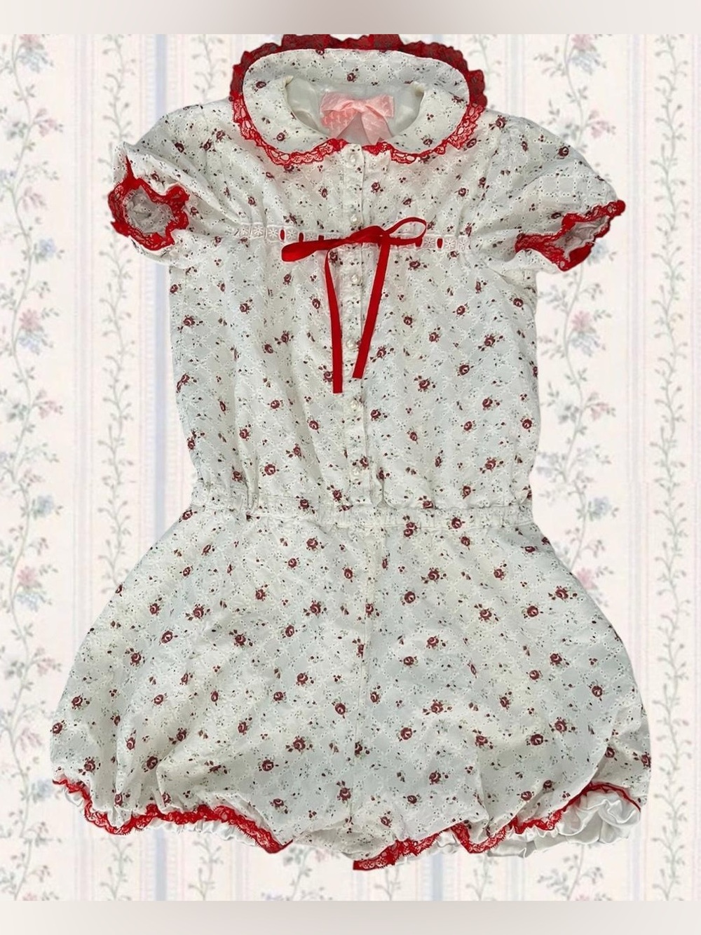 White Floral Eyelet Romper with Red Trim